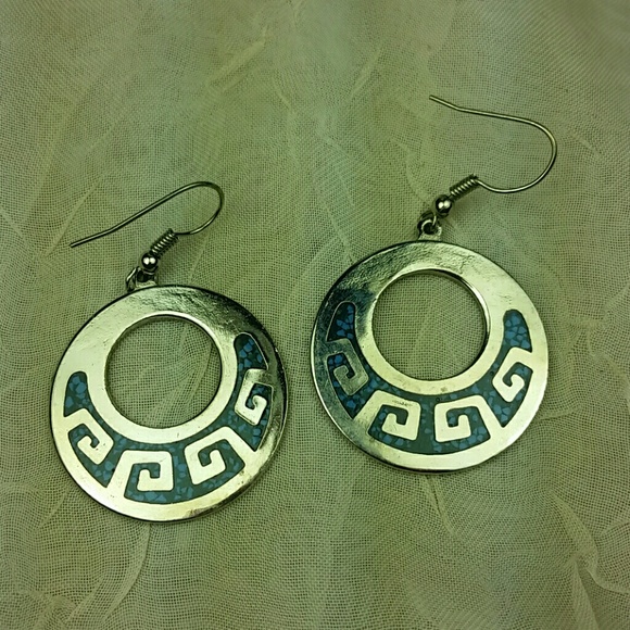 Jewelry - 1.25" Silver hoop earrings blue stone inlay